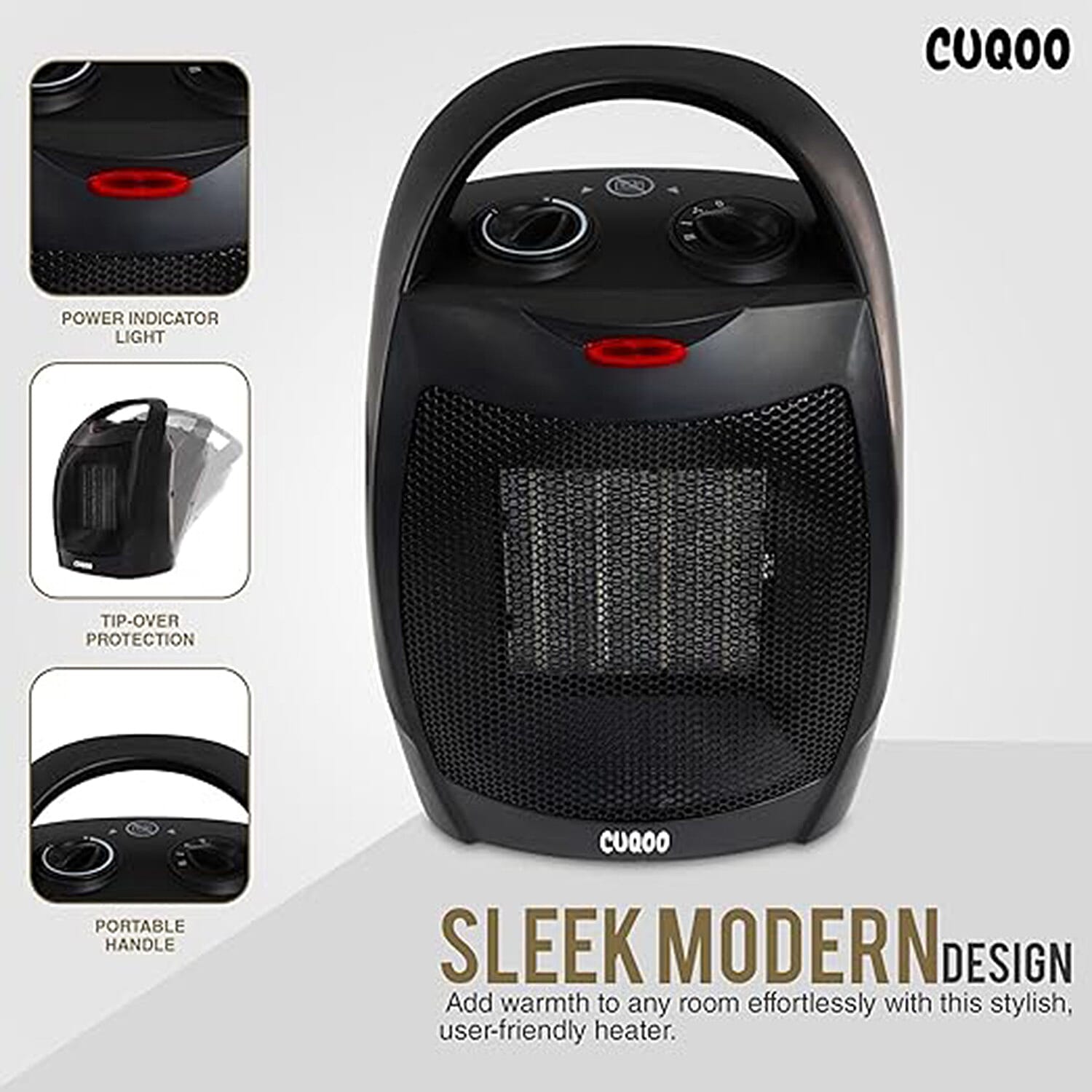 CUQUU Lightweight - Energy Efficient Ceramic Heater (2KW) with 3 Power Settings, Adjustable Thermostat - Overheating Protection Technology - Black