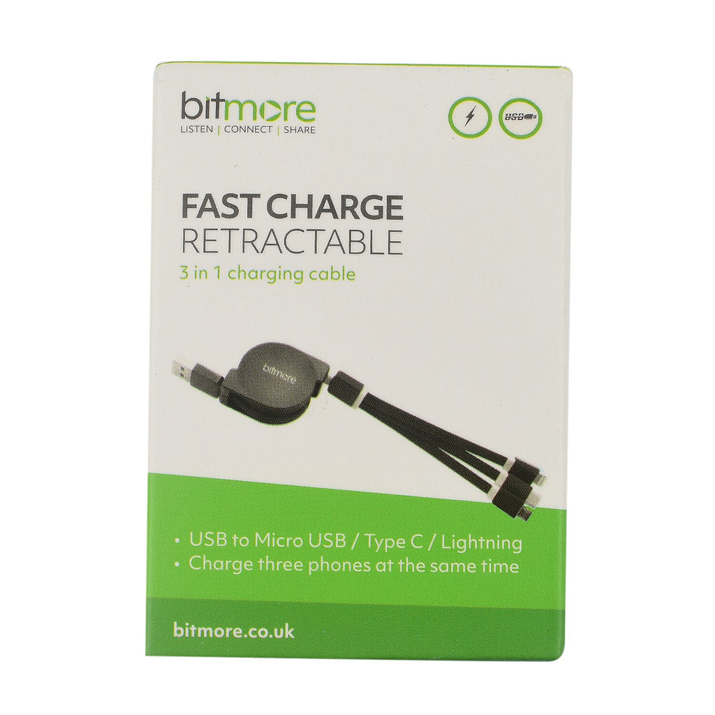 Bitmore Fast Charge Retractable 3 in 1 Charging Cable - Charge 3 Devices At the Same Time