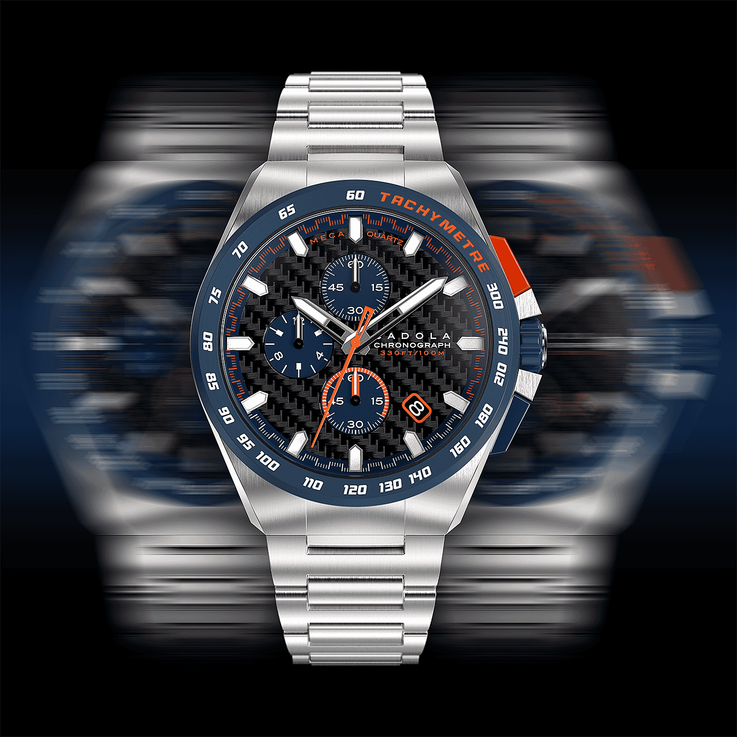 CADOLA Peterson 44mm 10 ATM Water Resistant Watch With Stainless Steel Chain Bracelet & Extra Yellow Silicon Strap