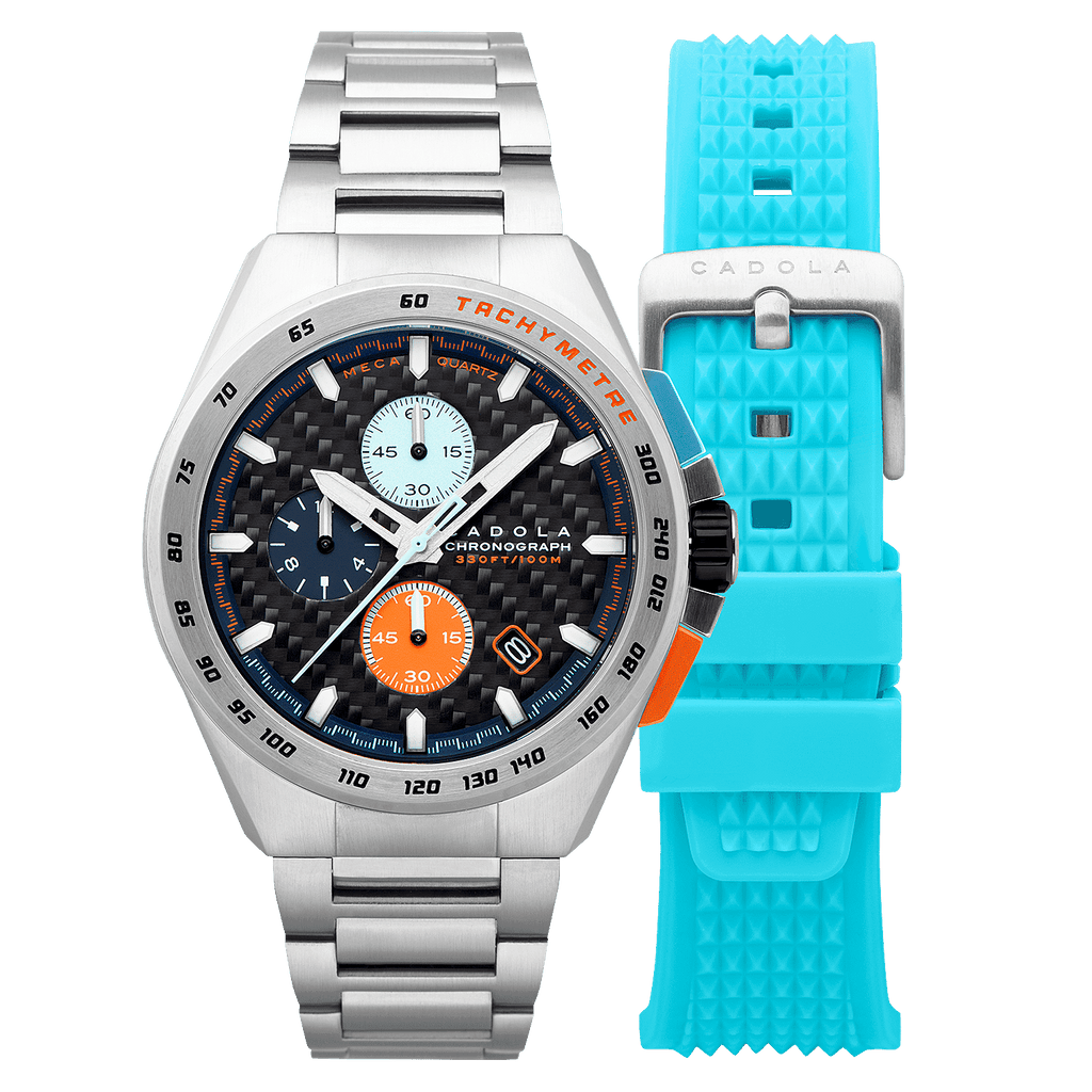 CADOLA Peterson 44mm 10 ATM Water Resistant Watch With Stainless Steel Chain Bracelet & Extra Yellow Silicon Strap