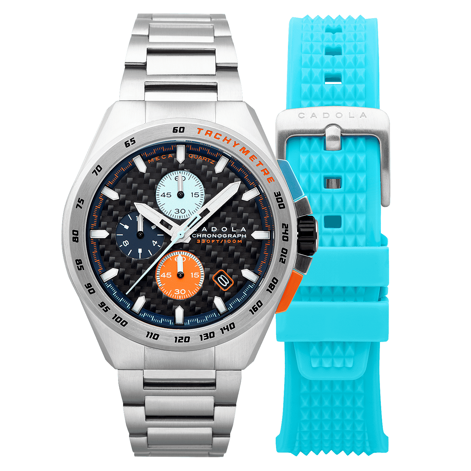 CADOLA Peterson 44mm 10 ATM Water Resistant Watch With Stainless Steel Chain Bracelet & Extra Yellow Silicon Strap