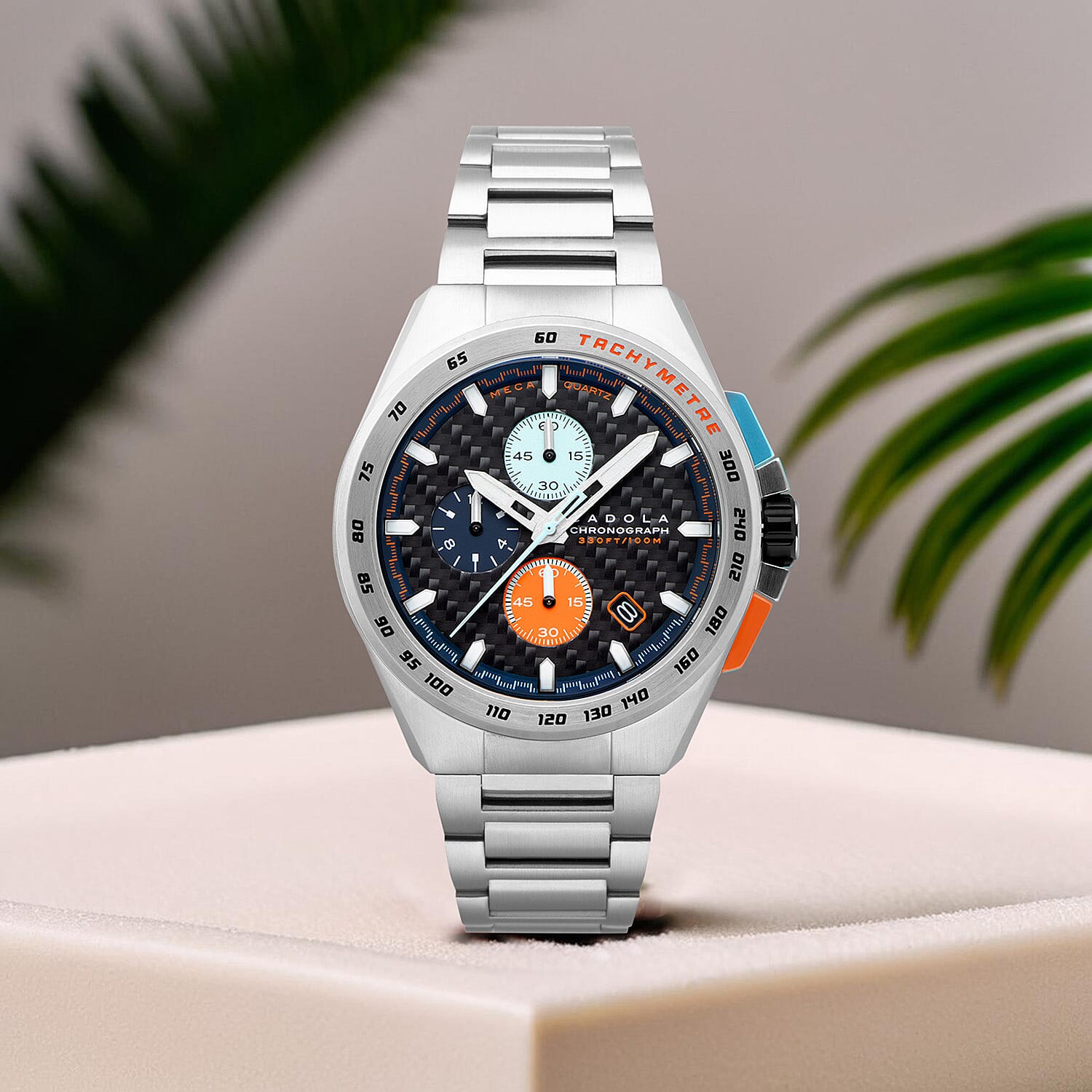 CADOLA Peterson 44mm 10 ATM Water Resistant Watch With Stainless Steel Chain Bracelet & Extra Yellow Silicon Strap
