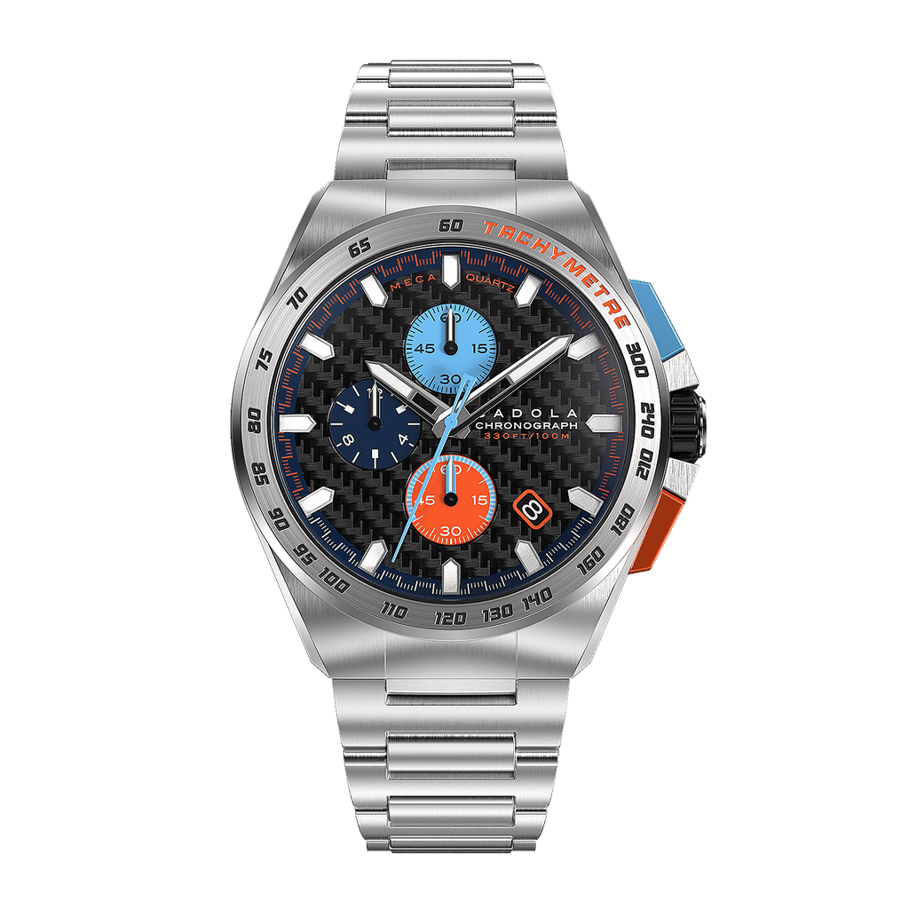 CADOLA Peterson 44mm 10 ATM Water Resistant Watch With Stainless Steel Chain Bracelet & Extra Yellow Silicon Strap