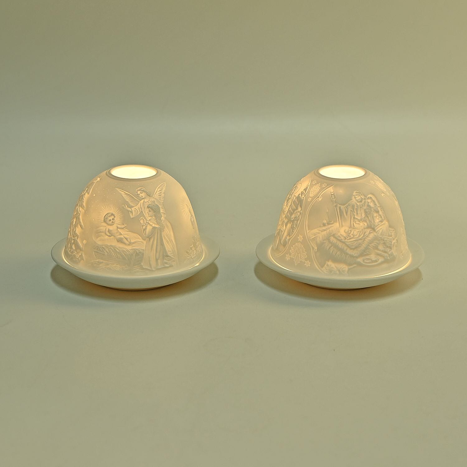 Set of 2 Madonna and Angel Printed Porcelain LED Tealight Candle Holder - White