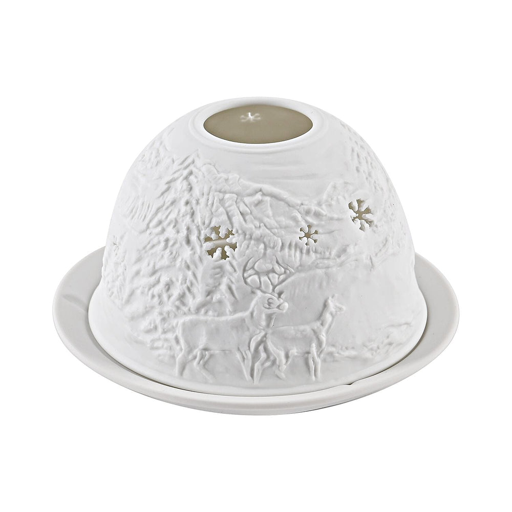 Set of 2 Bird & Deer Printed Porcelain LED Tealight Candle Holder - White