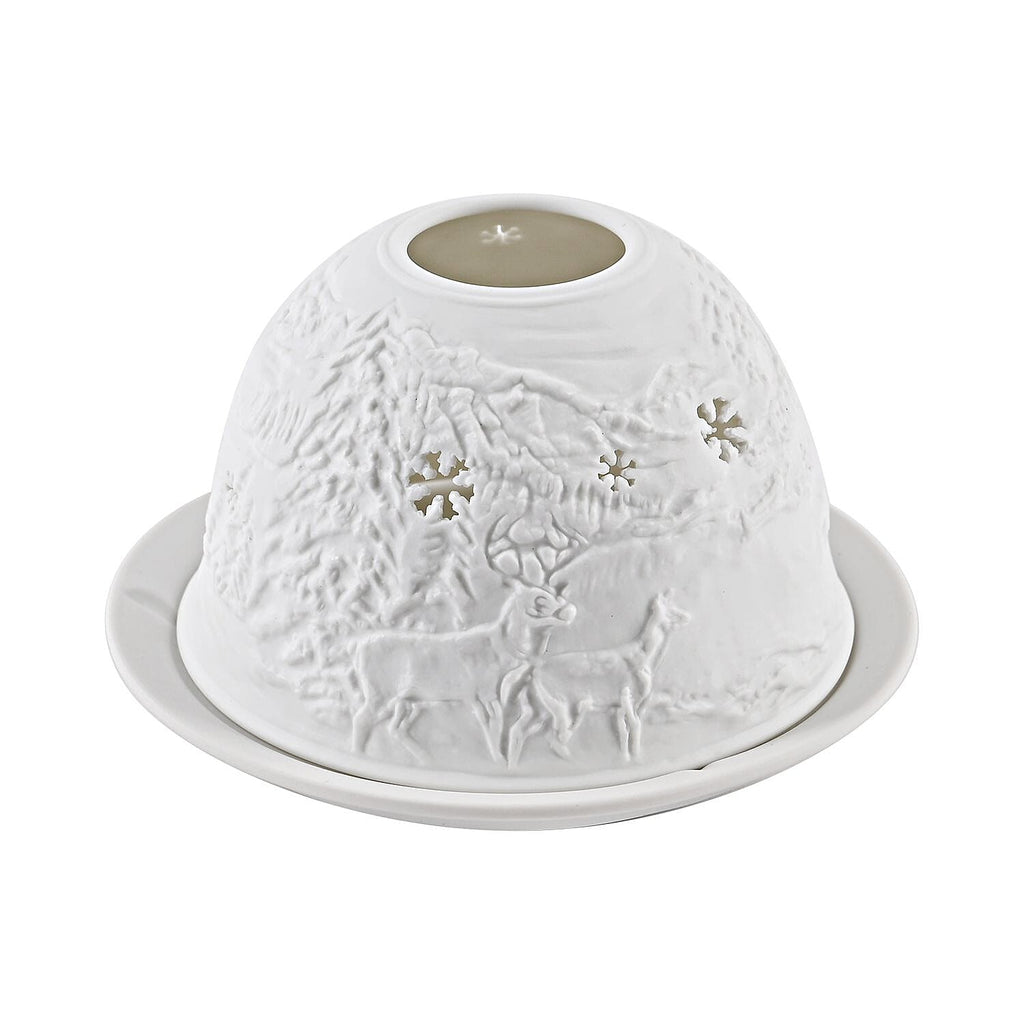 Set of 2 Bird & Deer Printed Porcelain LED Tealight Candle Holder - White