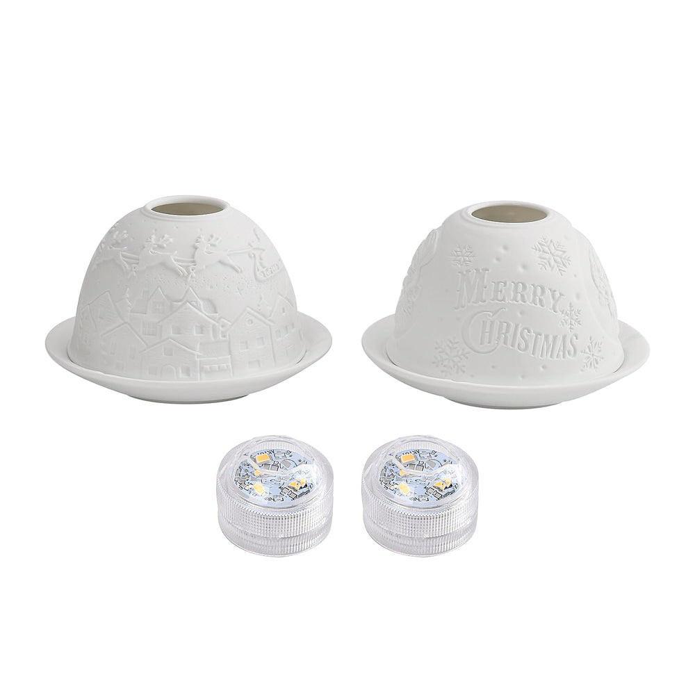 Set of 2 Santa Claus - Village with Flying Sleigh Pattern Porcelain Candle Holder With LED Light - White