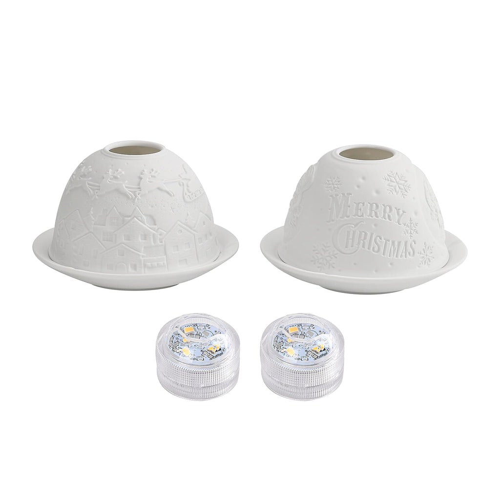 Set of 2 Santa Claus - Village with Flying Sleigh Pattern Porcelain Candle Holder With LED Light - White