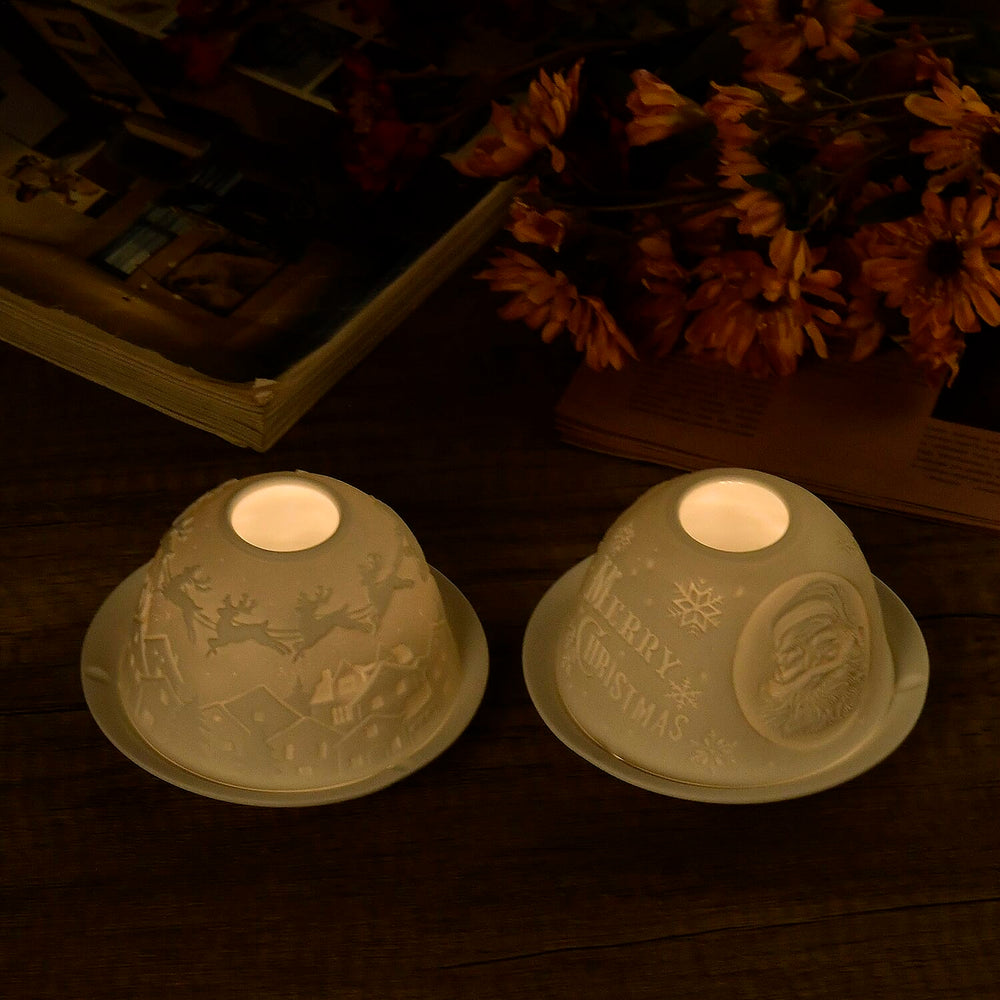 Set of 2 Santa Claus - Village with Flying Sleigh Pattern Porcelain Candle Holder With LED Light - White