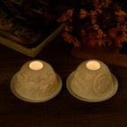 Set of 2 Santa Claus - Village with Flying Sleigh Pattern Porcelain Candle Holder With LED Light - White