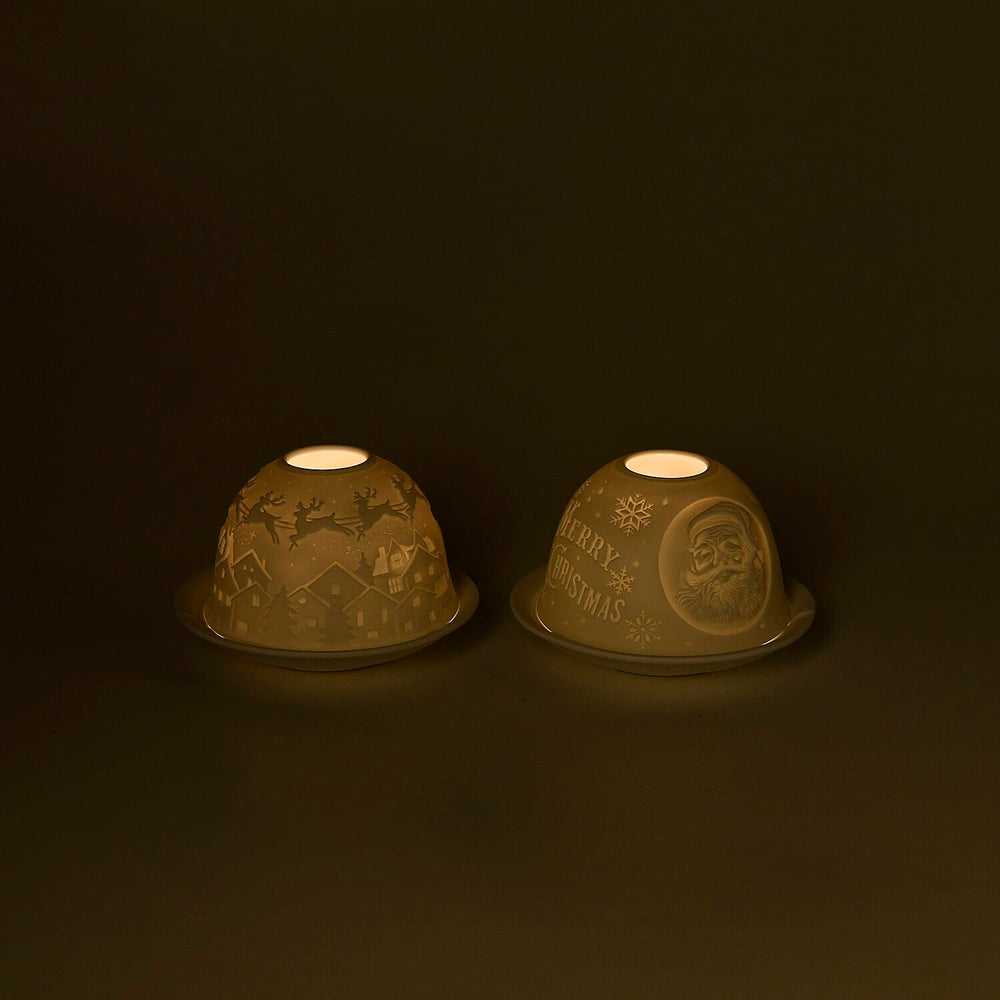 Set of 2 Santa Claus - Village with Flying Sleigh Pattern Porcelain Candle Holder With LED Light - White