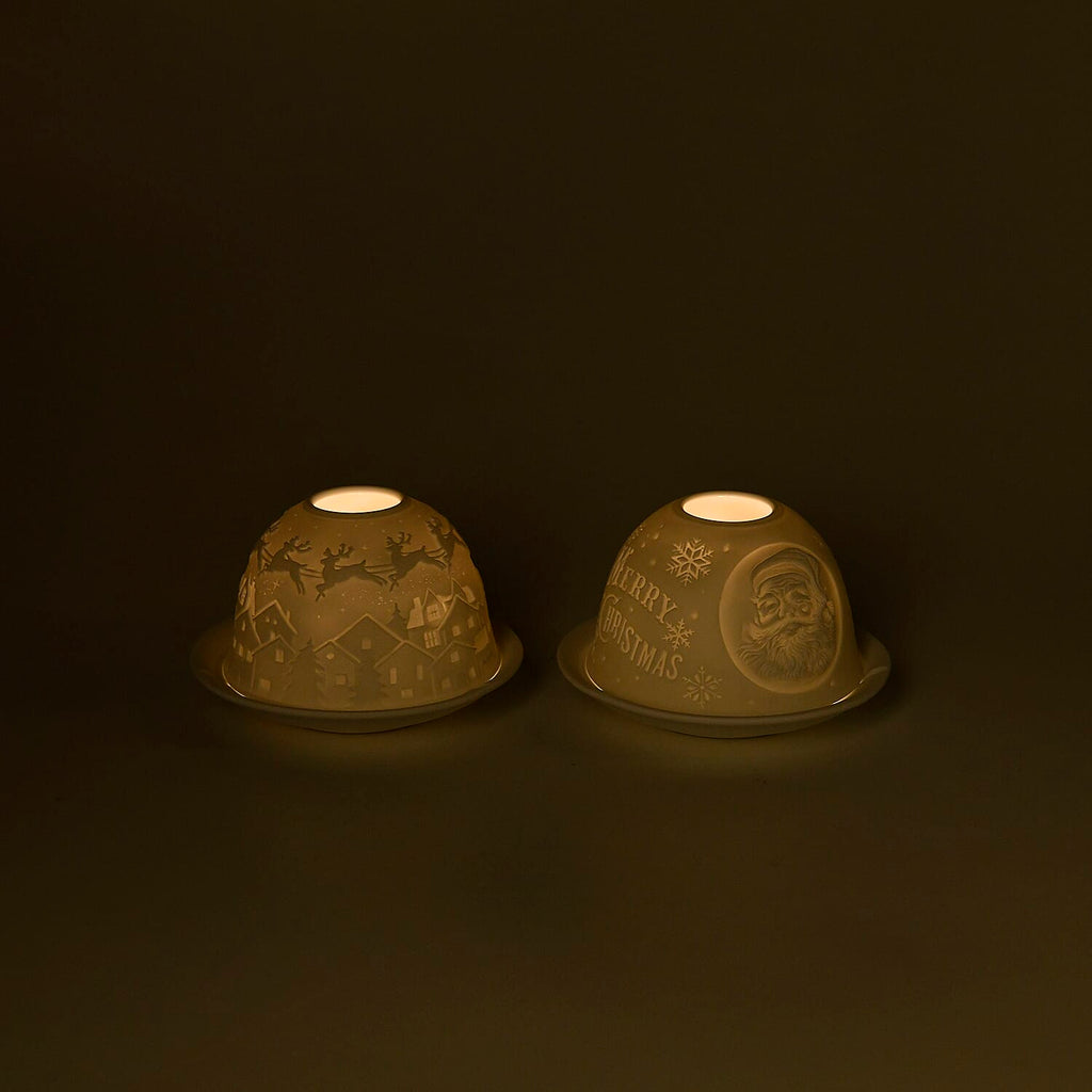 Set of 2 Santa Claus - Village with Flying Sleigh Pattern Porcelain Candle Holder With LED Light - White