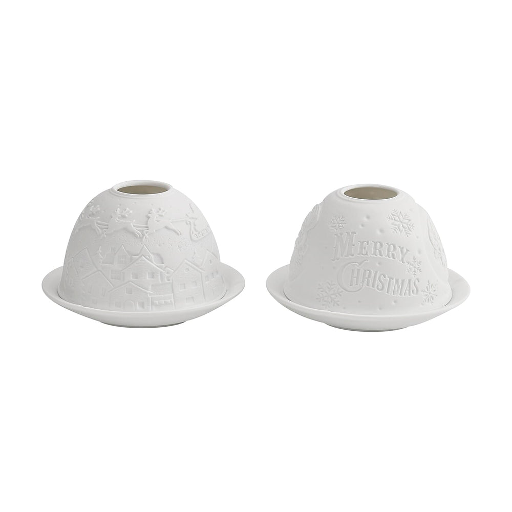 Set of 2 Santa Claus - Village with Flying Sleigh Pattern Porcelain Candle Holder With LED Light - White
