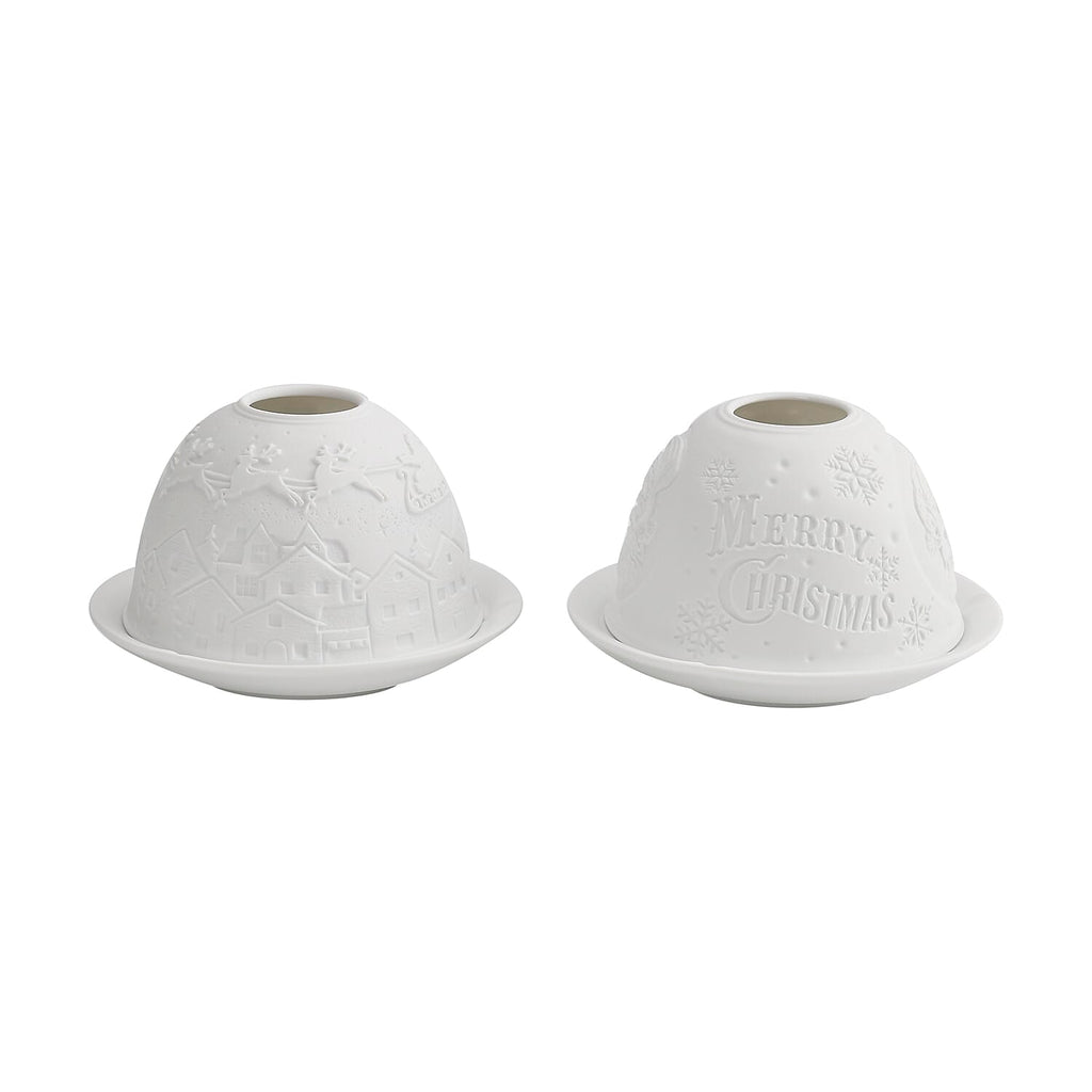Set of 2 Santa Claus - Village with Flying Sleigh Pattern Porcelain Candle Holder With LED Light - White