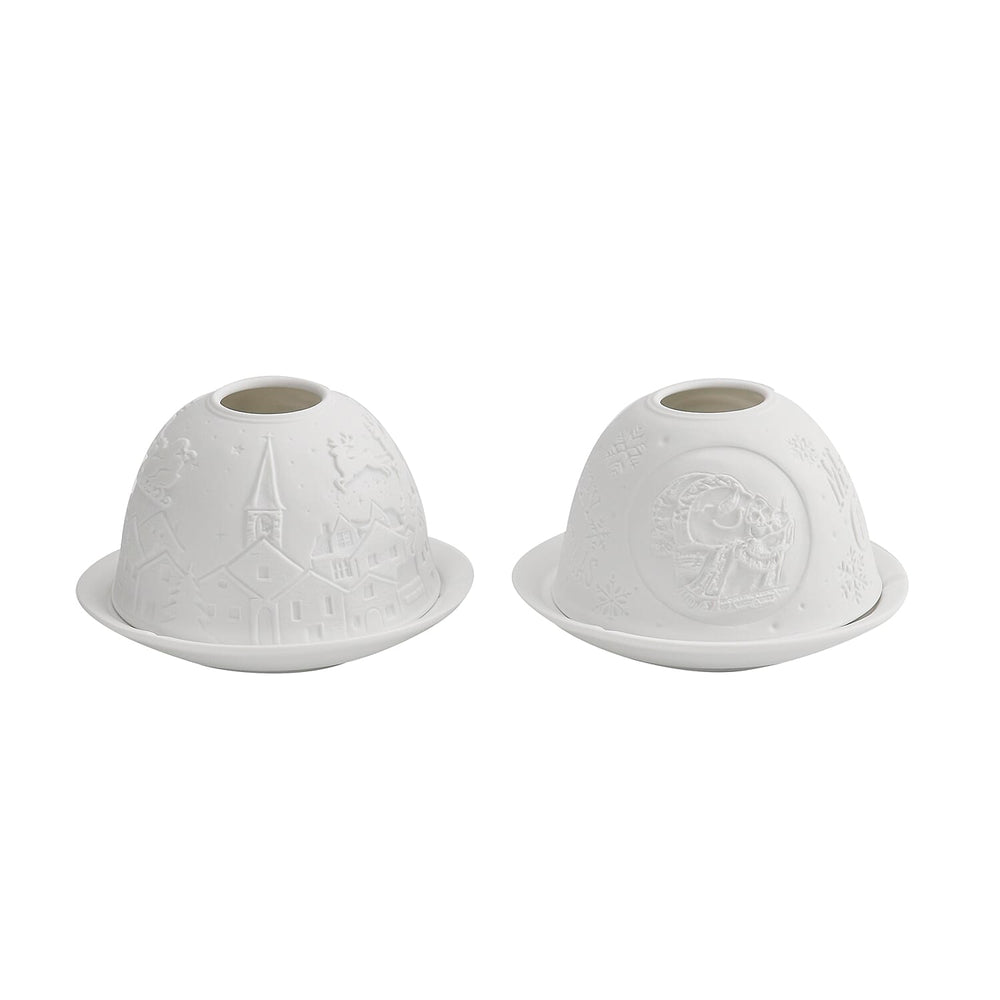 Set of 2 Santa Claus - Village with Flying Sleigh Pattern Porcelain Candle Holder With LED Light - White