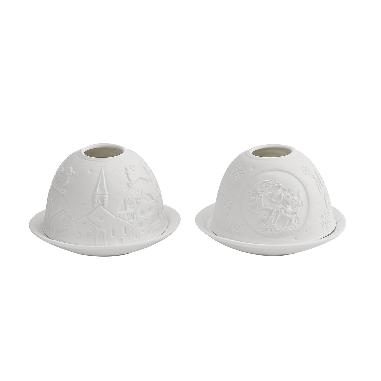 Set of 2 Santa Claus - Village with Flying Sleigh Pattern Porcelain Candle Holder With LED Light - White