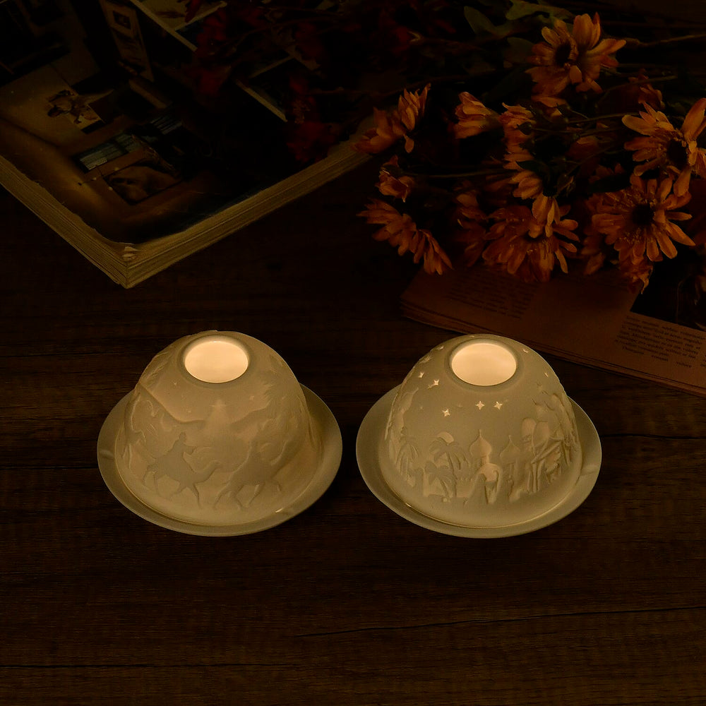 Set of 2 Porcelain Candle Holder With LED Light - White