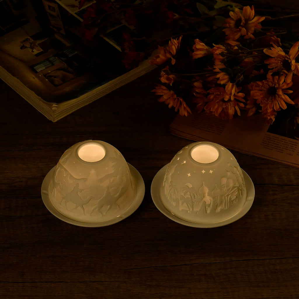 Set of 2 Porcelain Candle Holder With LED Light - White