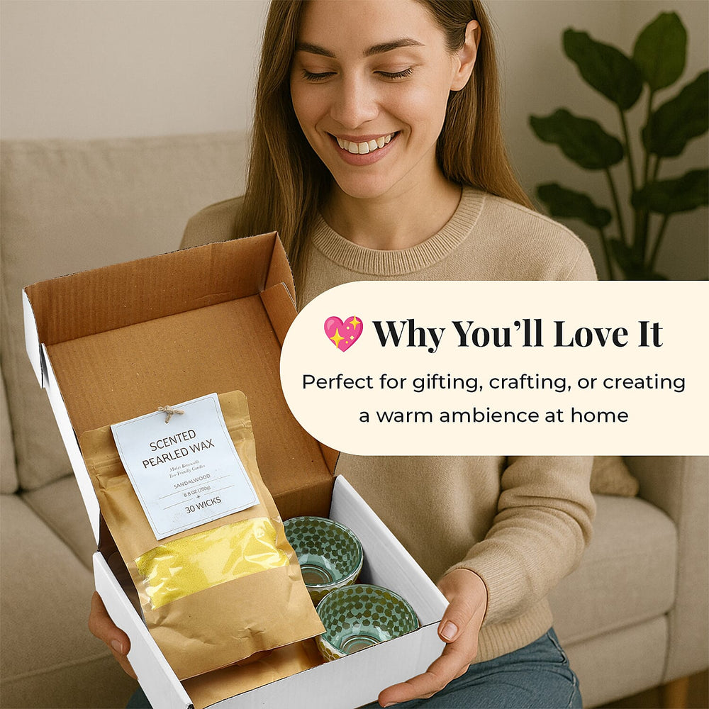 Candle Making Kit - 100% Plant-Based Pearled Wax, 30 Wicks, 2 Mosaic Bowls & Sandalwood Fragrance