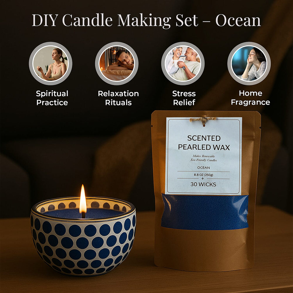 Candle Making Kit - 100% Plant-Based Pearled Wax, 30 Wicks, 2 Mosaic Bowls & Ocean Fragrance