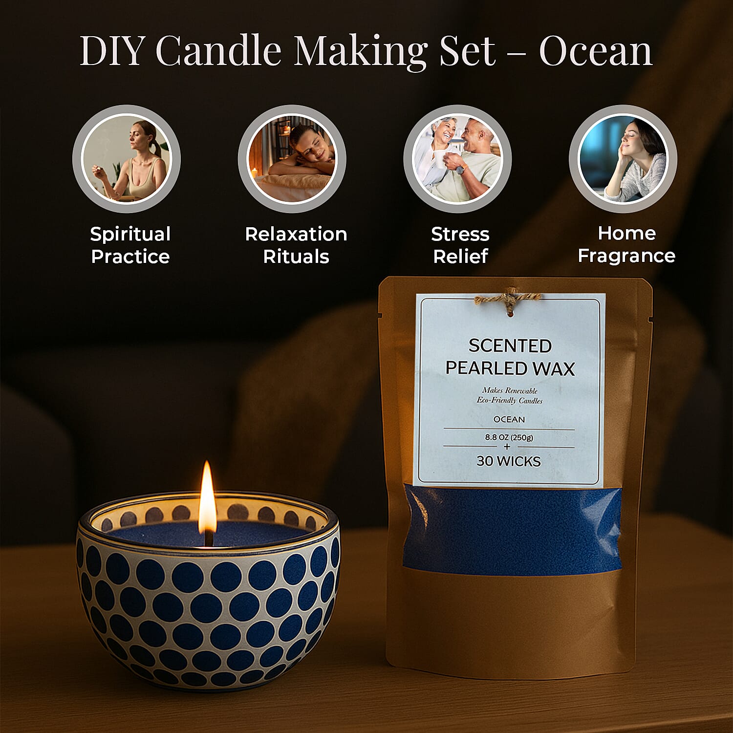 Candle Making Kit - 100% Plant-Based Pearled Wax, 30 Wicks, 2 Mosaic Bowls & Ocean Fragrance