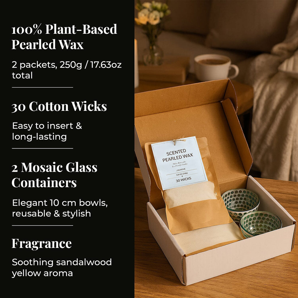 Candle Making Kit - 100% Plant-Based Pearled Wax, 30 Wicks, 2 Mosaic Bowls & Jasmine Fragrance