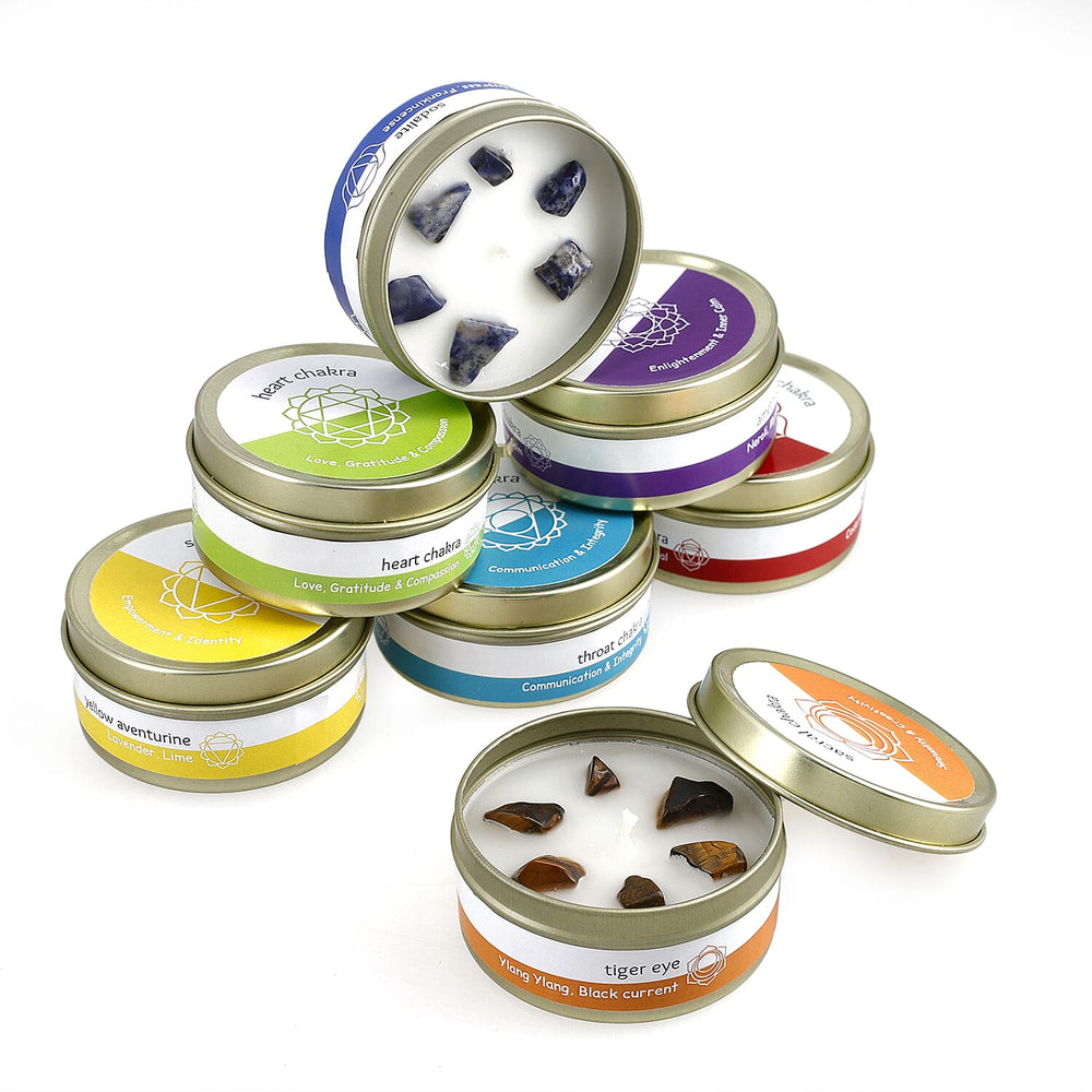 Set of 7 Scented Seven Chakra Gemstone Candle Fragrance Vanilla, Jasmine, Rose - Lemongrass - 45gm each