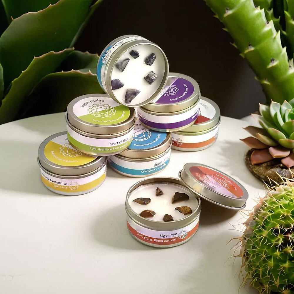 Set of 7 Scented Seven Chakra Gemstone Candle Fragrance Vanilla, Jasmine, Rose - Lemongrass - 45gm each