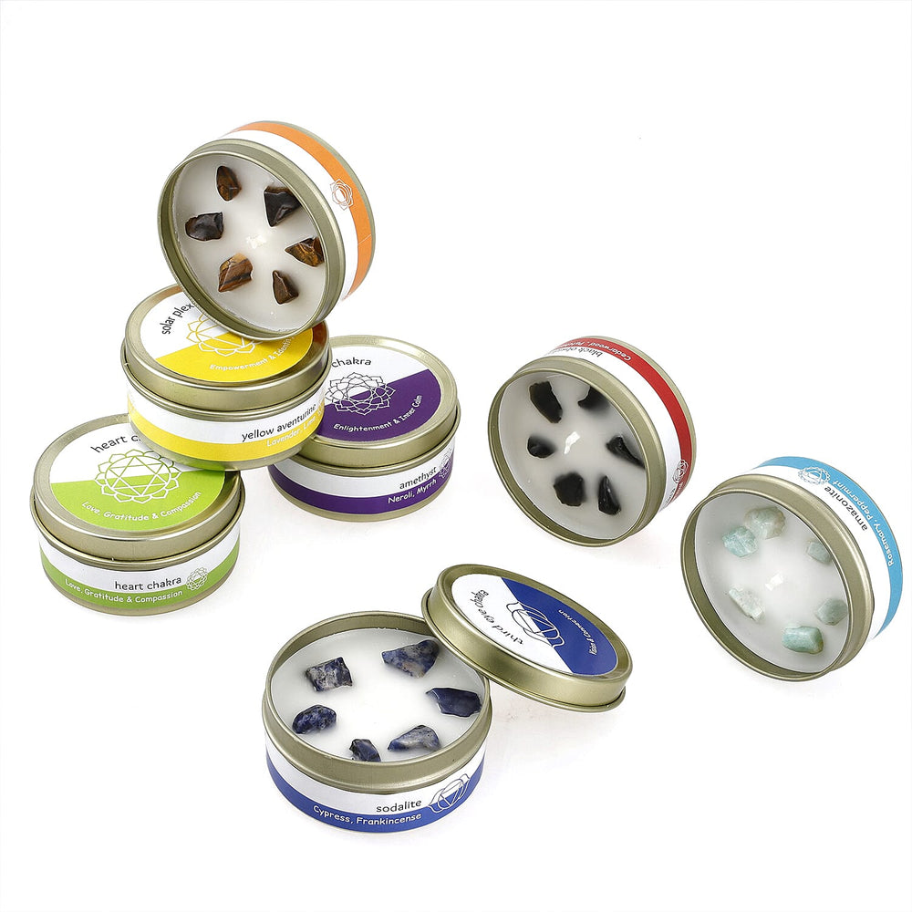 Set of 7 Scented Seven Chakra Gemstone Candle Fragrance Vanilla, Jasmine, Rose - Lemongrass - 45gm each