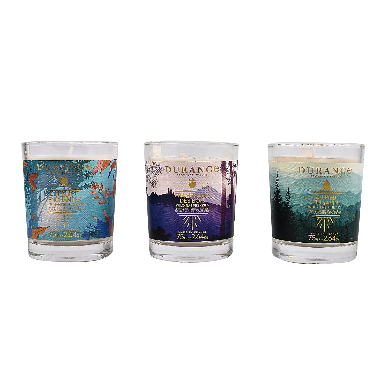 Set of 3 - DURANCE Candle Boxes (Pine Tree, Raspberry of the Woods and Enchanted Flower) - 3x75g