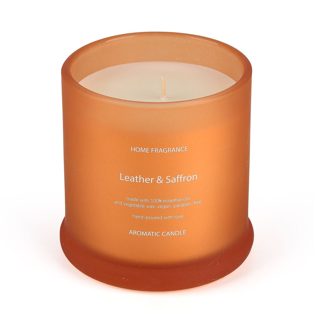 THE HOME LUXURY - Leather - Saffron Scent Glass Jar Soy Candle with Burn Time upto 55 Hours - Orange