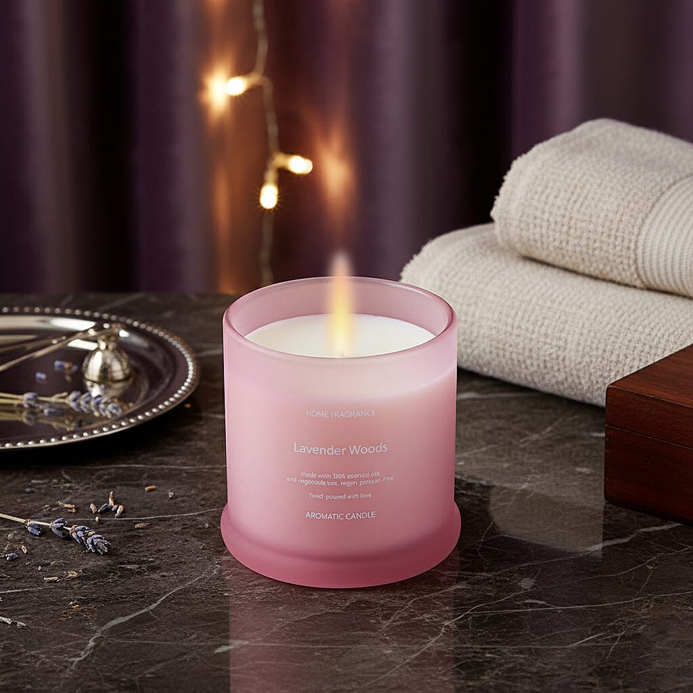 THE HOME LUXURY - Lavender Woods Scent Glass Jar Soy Candle with Burn Time upto 55 Hours - Snow Purple