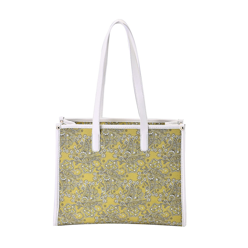 Designer Closeout- Fully Lined Jacquard Canvas Tote Bag with Zipper Closure and Handles - Yellow