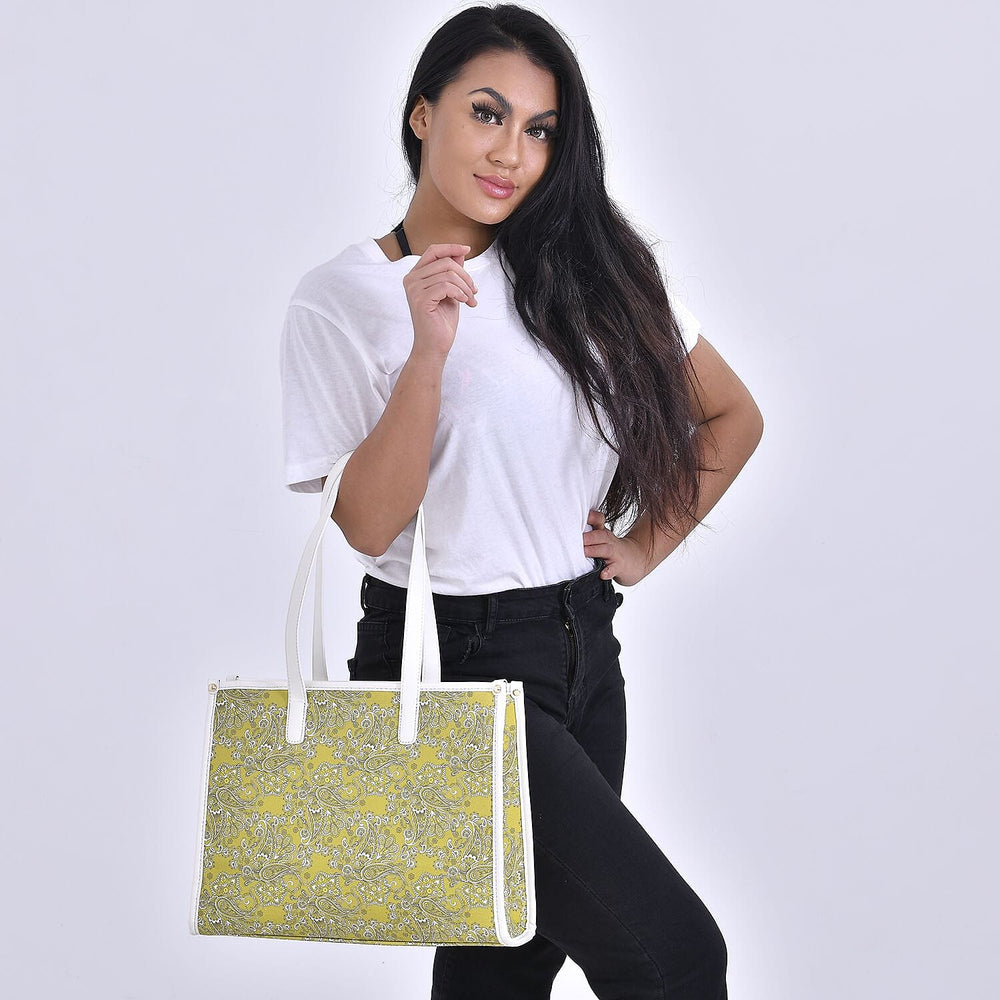 Designer Closeout- Fully Lined Jacquard Canvas Tote Bag with Zipper Closure and Handles - Yellow