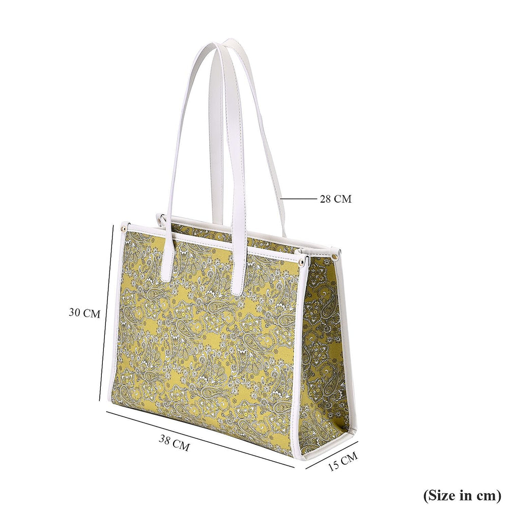 Designer Closeout- Fully Lined Jacquard Canvas Tote Bag with Zipper Closure and Handles - Yellow