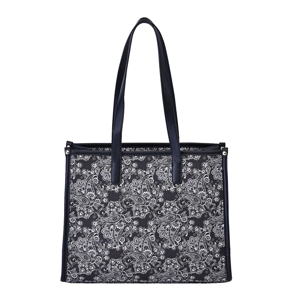 Designer Closeout- Fully Lined Jacquard Canvas Paisley Tote Bag with Zipper Closure and Handles - Black