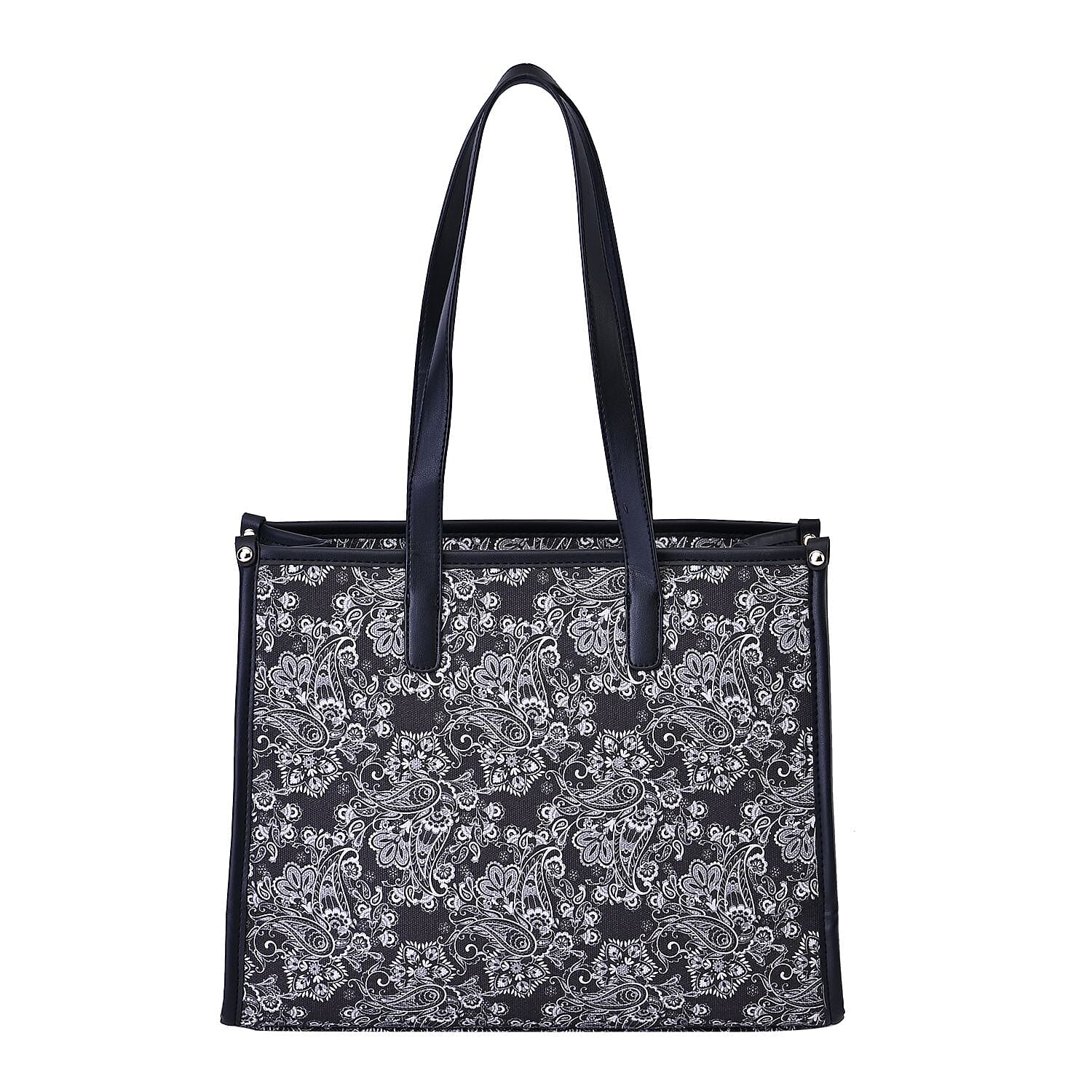 Designer Closeout- Fully Lined Jacquard Canvas Paisley Tote Bag with Zipper Closure and Handles - Black