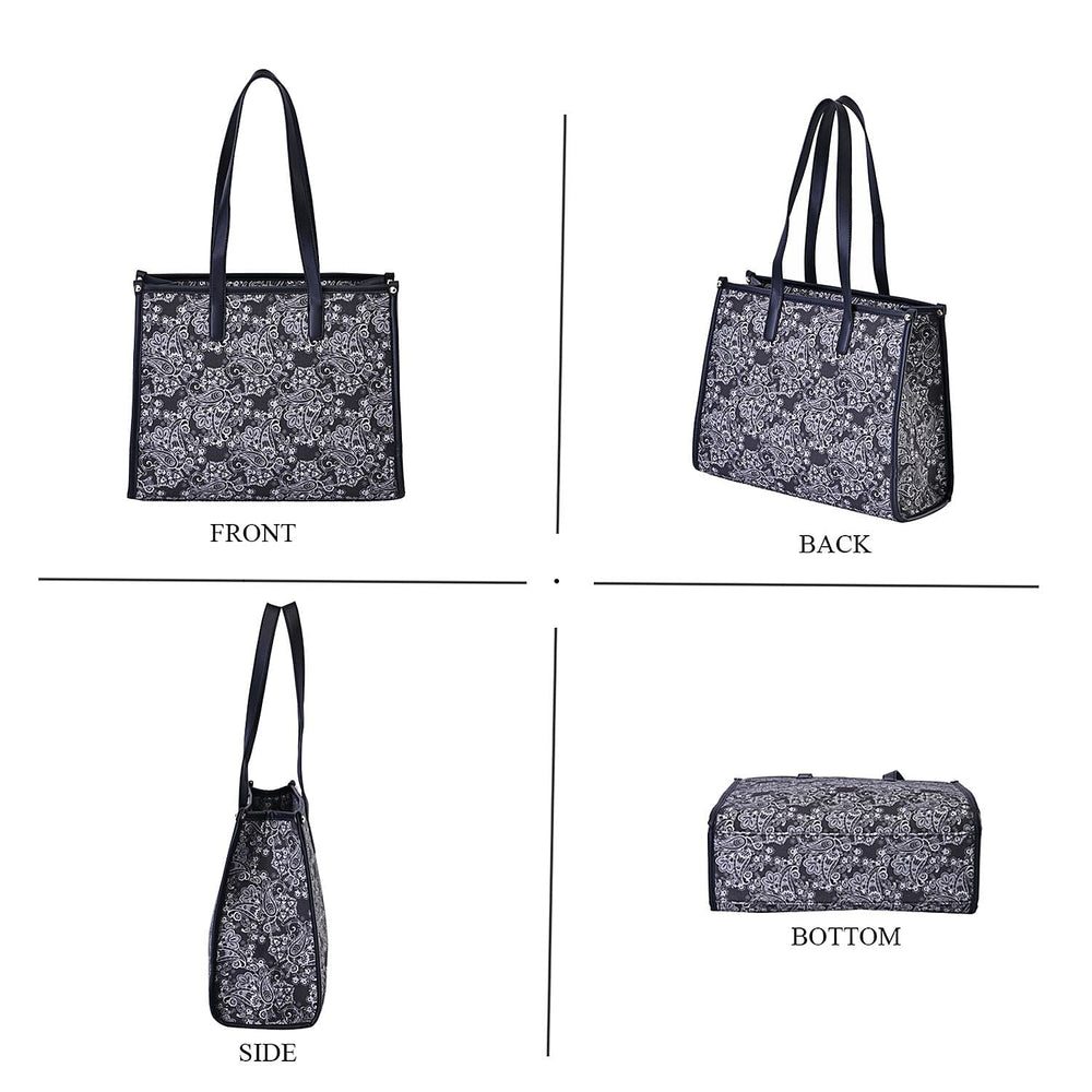 Designer Closeout- Fully Lined Jacquard Canvas Paisley Tote Bag with Zipper Closure and Handles - Black