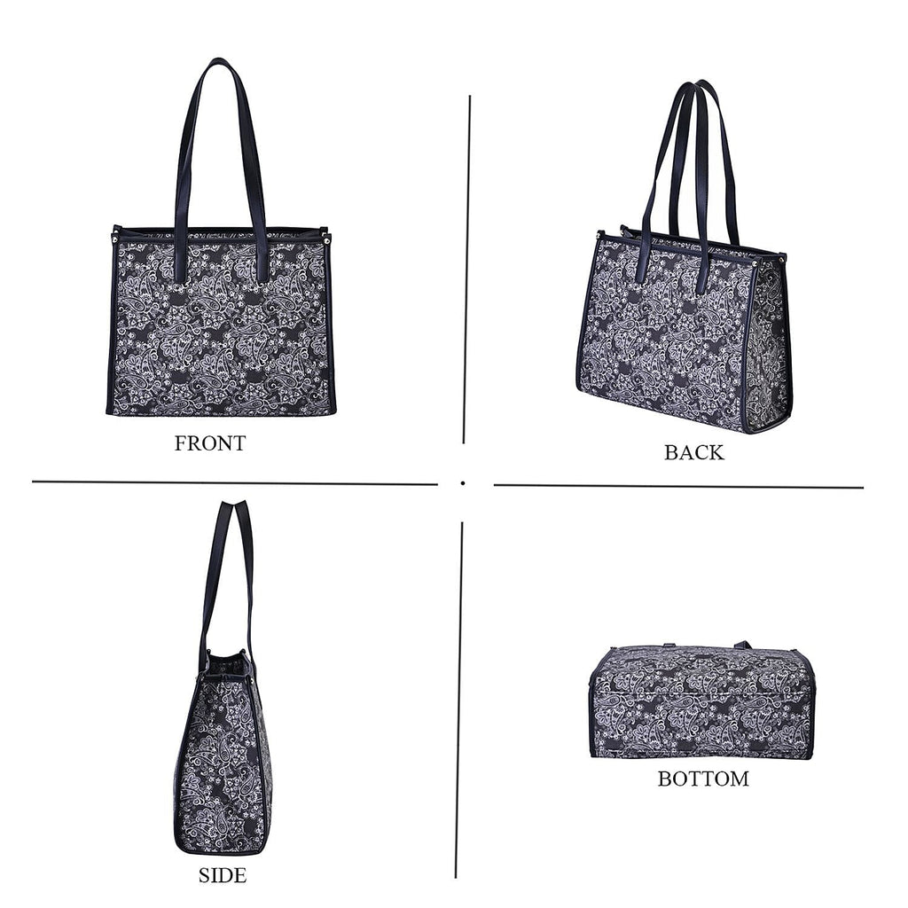 Designer Closeout- Fully Lined Jacquard Canvas Paisley Tote Bag with Zipper Closure and Handles - Black