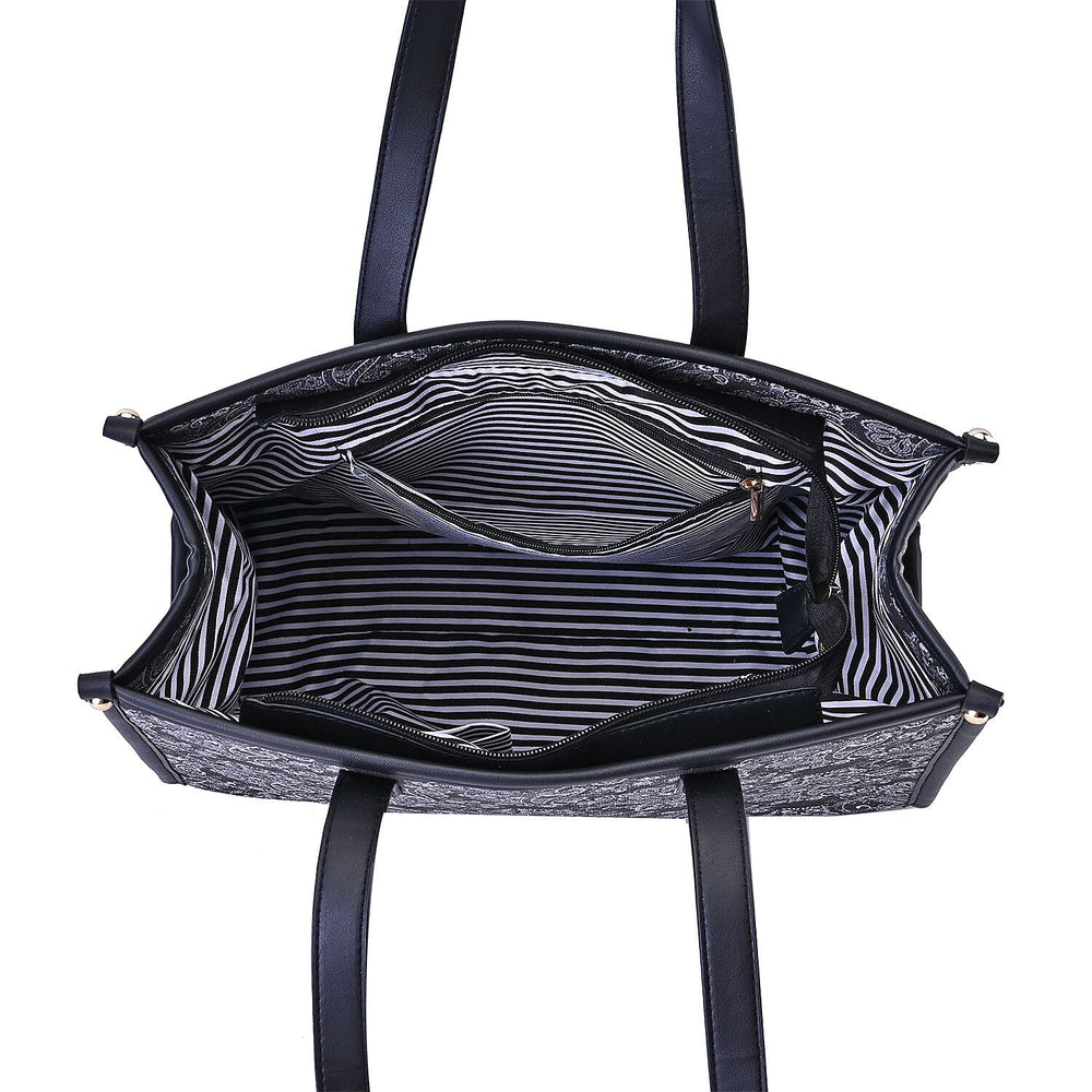Designer Closeout- Fully Lined Jacquard Canvas Paisley Tote Bag with Zipper Closure and Handles - Black