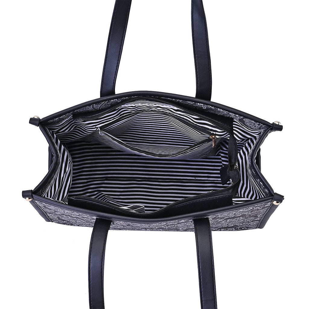 Designer Closeout- Fully Lined Jacquard Canvas Paisley Tote Bag with Zipper Closure and Handles - Black