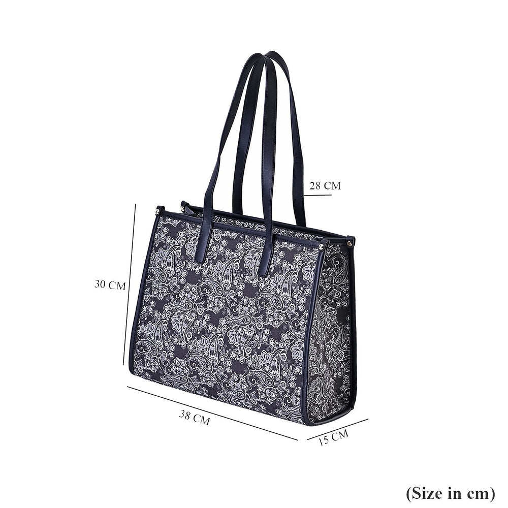 Designer Closeout- Fully Lined Jacquard Canvas Paisley Tote Bag with Zipper Closure and Handles - Black