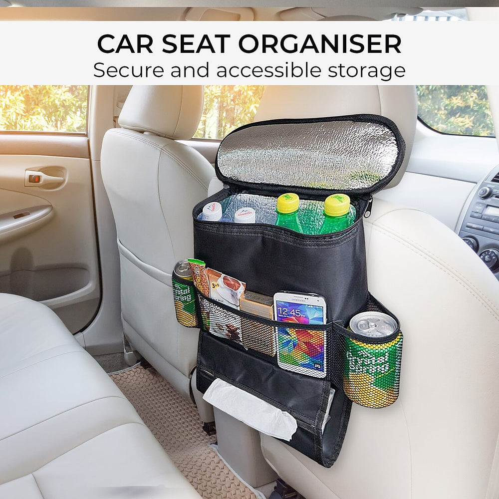 Car Seat Organiser with Heat Retaining Compartment (Size 24x23x14 cm) - Black