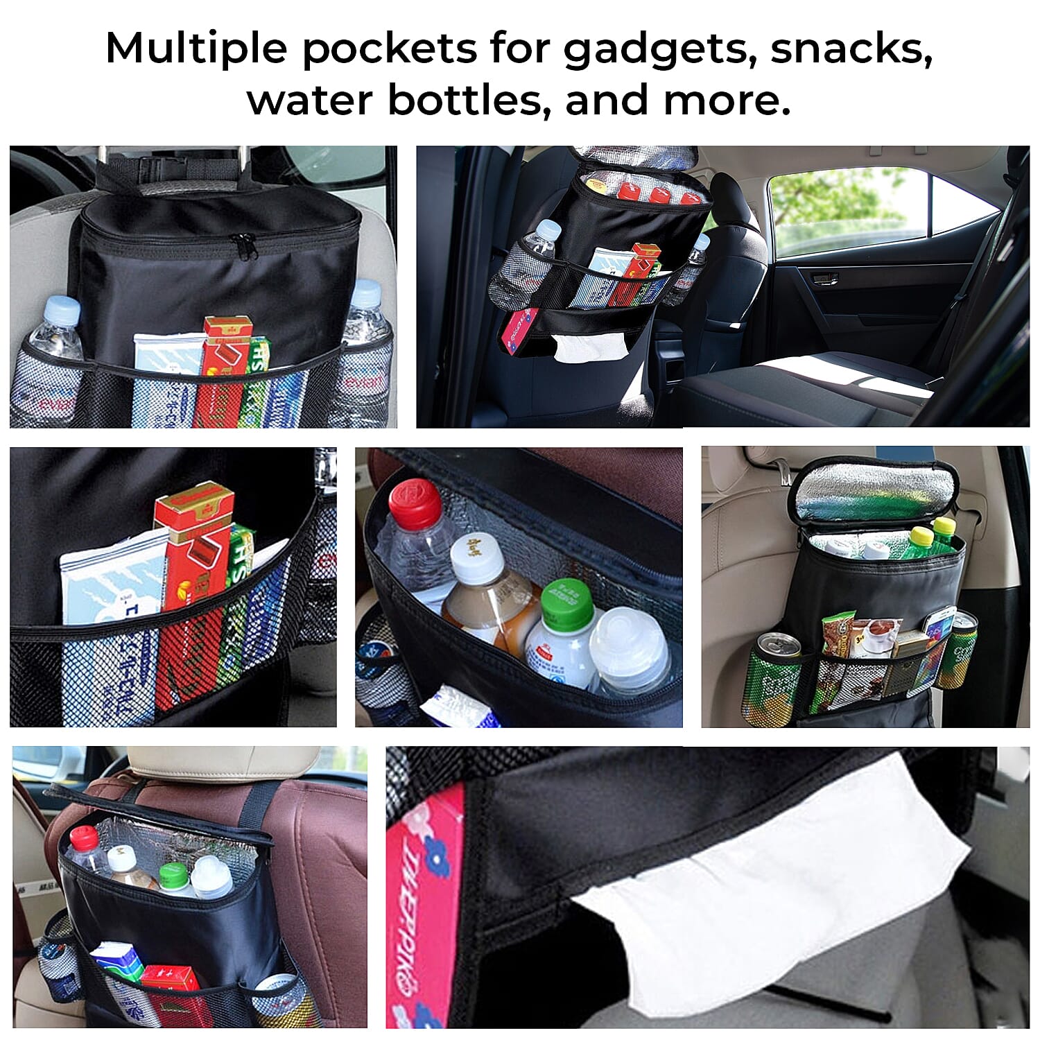 Car Seat Organiser with Heat Retaining Compartment (Size 24x23x14 cm) - Black