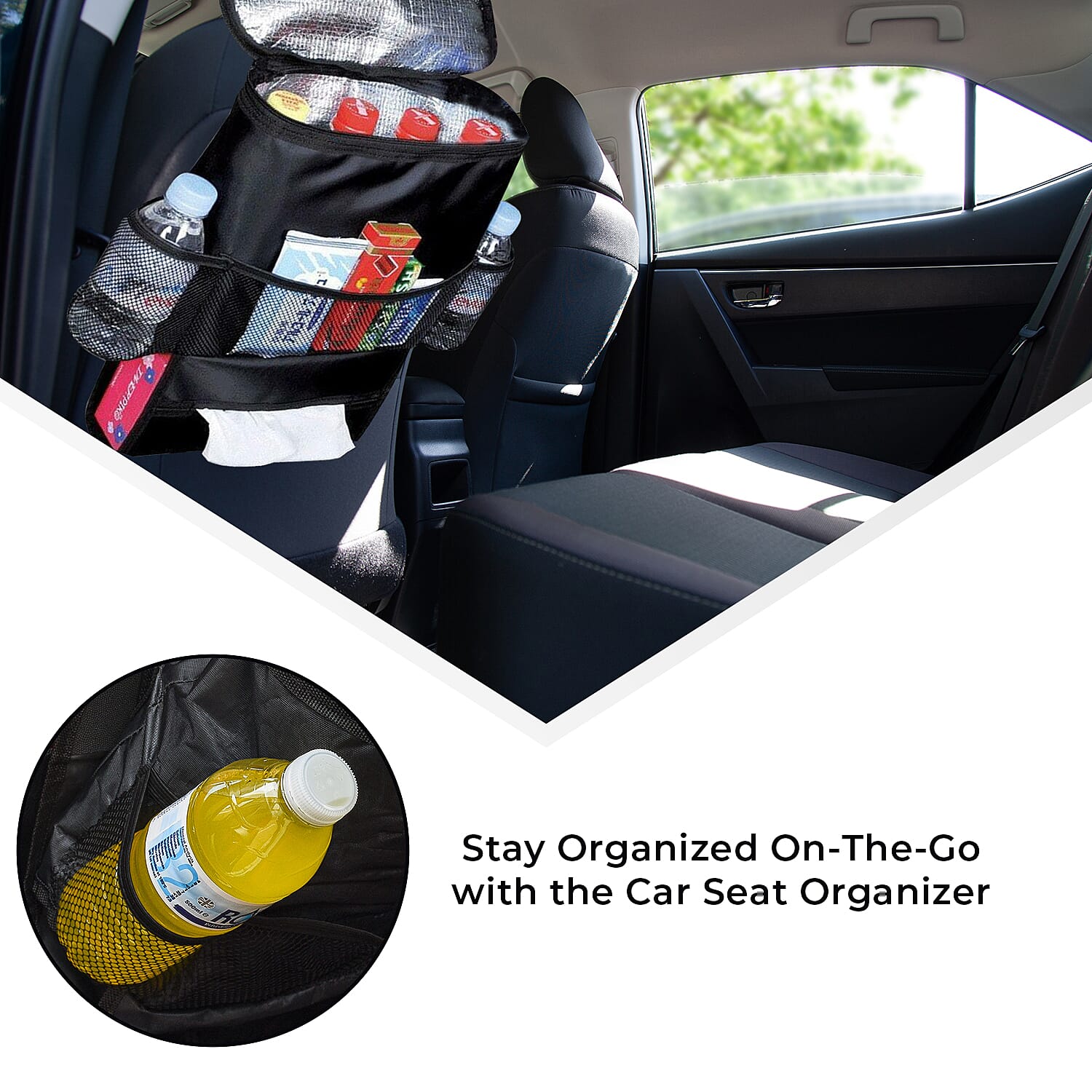 Car Seat Organiser with Heat Retaining Compartment (Size 24x23x14 cm) - Black