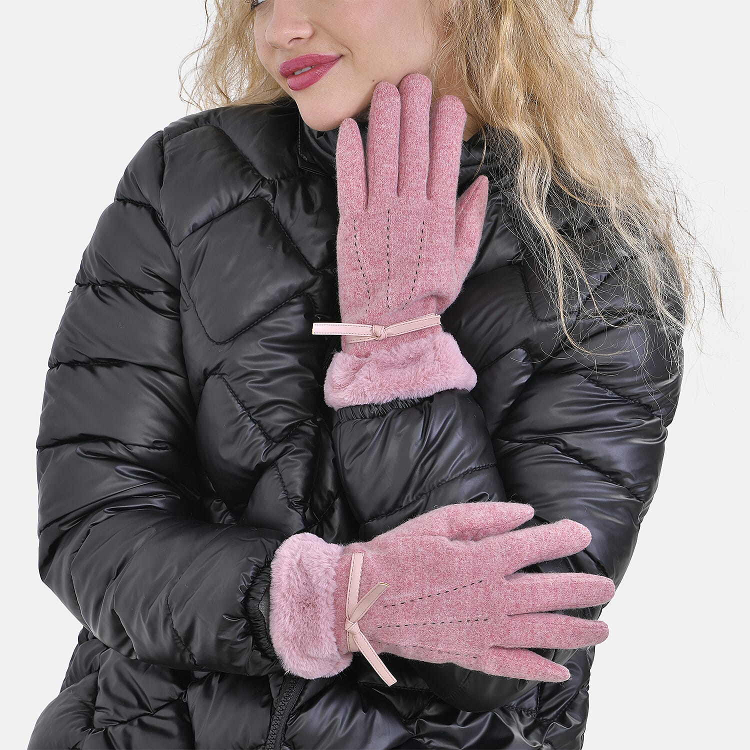 Luxurious 70% Cashmere Gloves with Faux Fur Trim - Pink