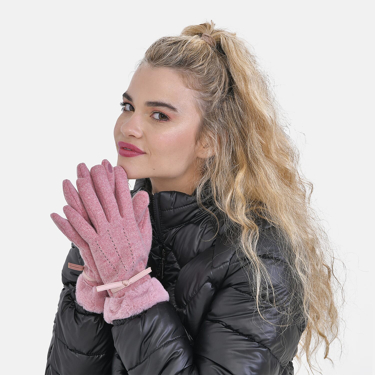 Luxurious 70% Cashmere Gloves with Faux Fur Trim - Pink