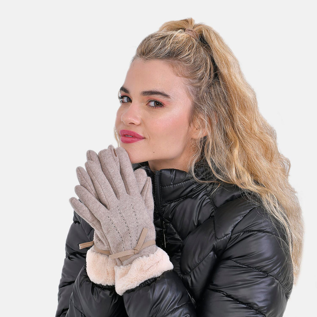 Luxurious 70% Cashmere Gloves with Faux Fur Trim- Khaki
