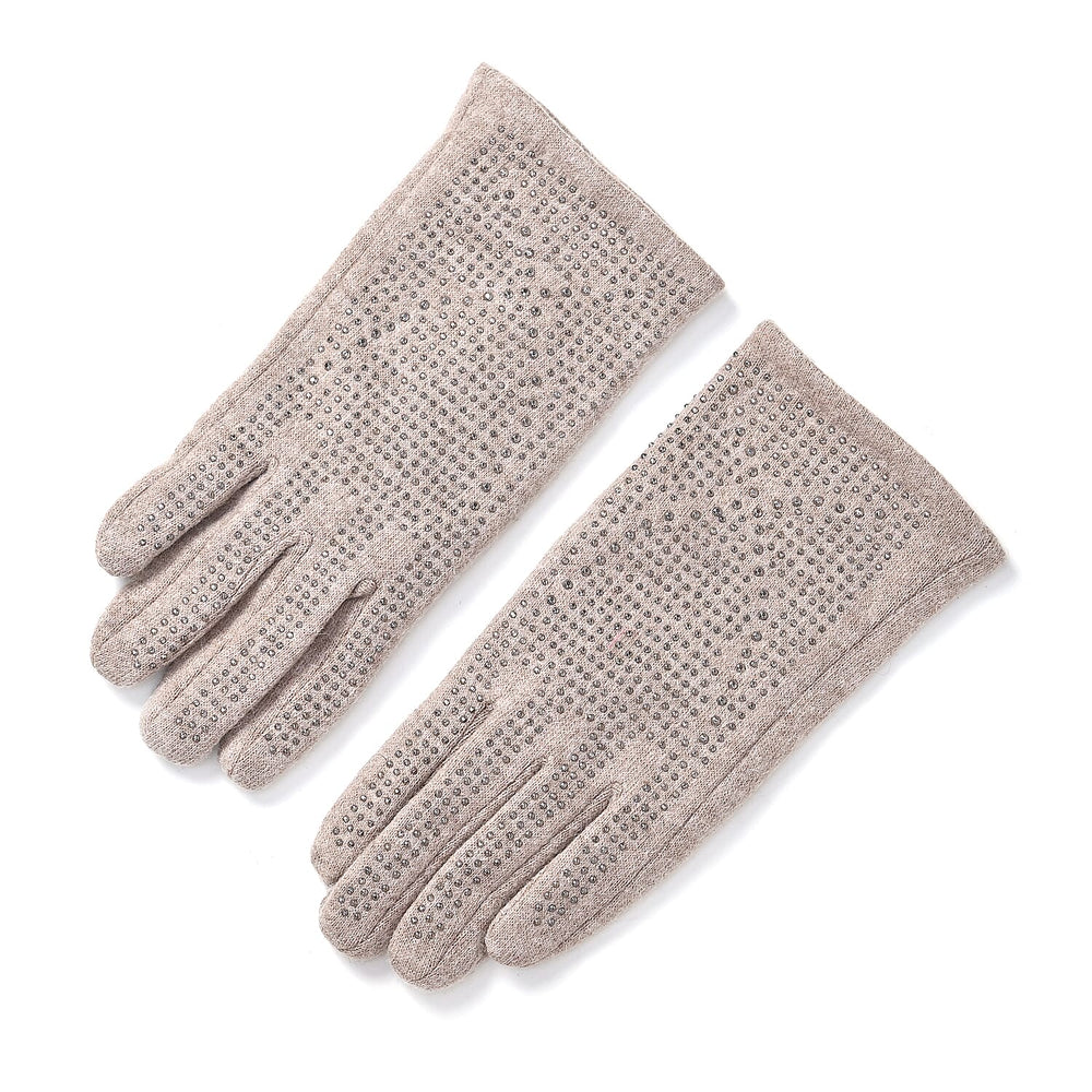Cashmere Gloves with Rhinestone -Beige