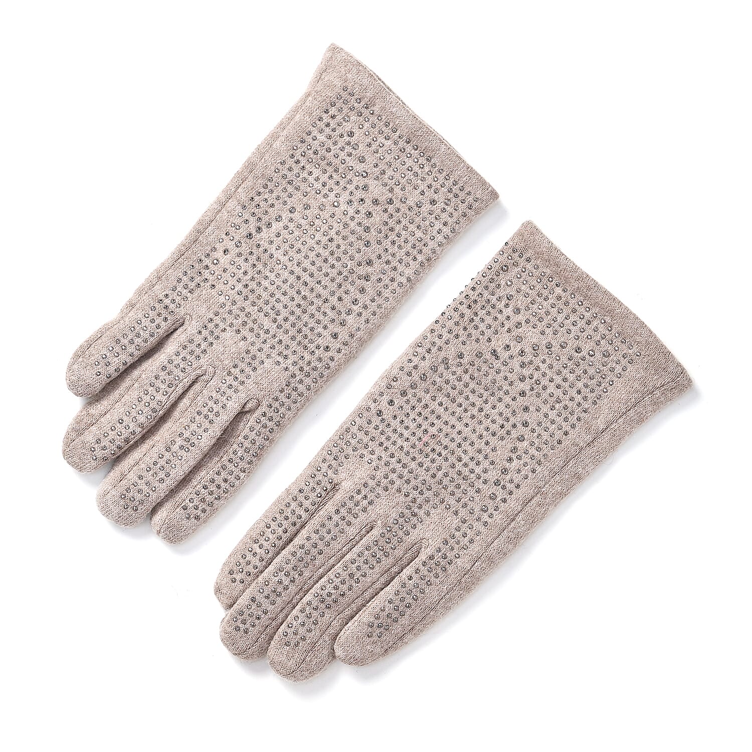 Cashmere Gloves with Rhinestone -Beige